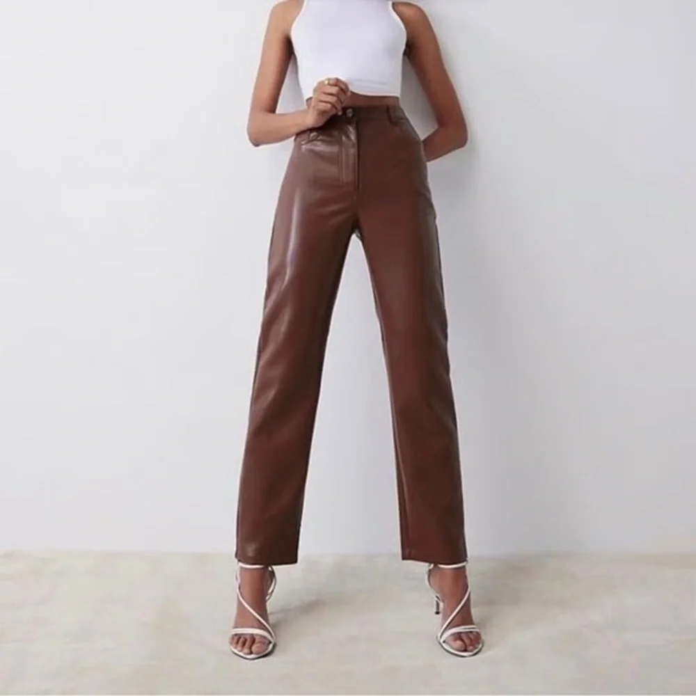 Aritzia Wilfred Melina Pant High Waisted Vegan Leather Cognac Brown Trousers - Picture 1 of 5